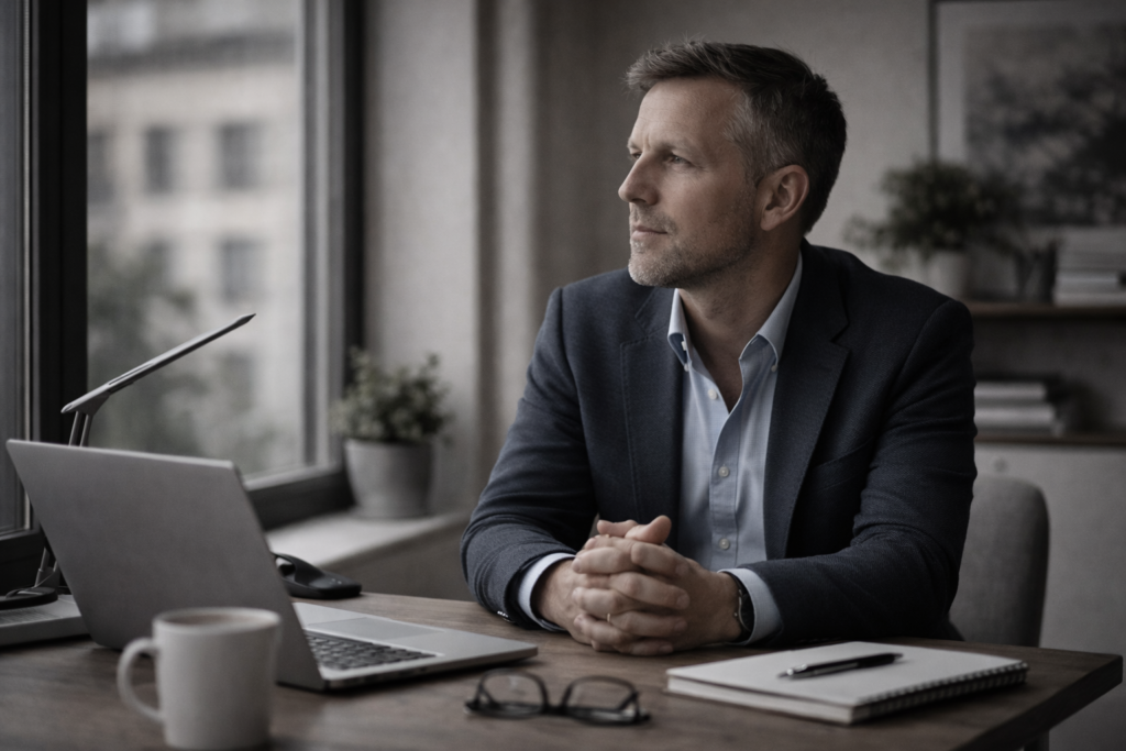 middle-aged man sitting at a desk, looking out of a window, thoughtful expression, natural light, minimal office environment, documentary photography style, soft contrast, neutral colors, realistic, no posing